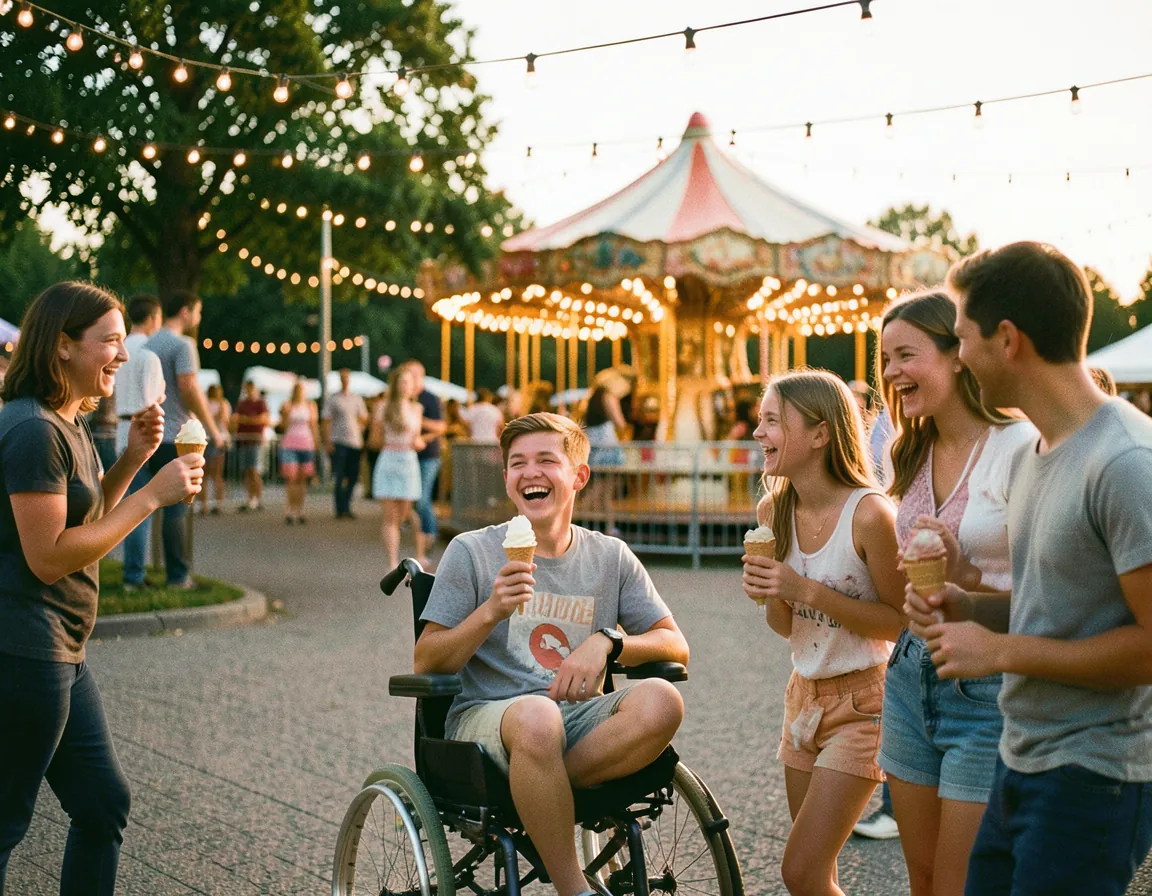 Unge med is i en forlystelsespark en sommeraften, én i kørestol