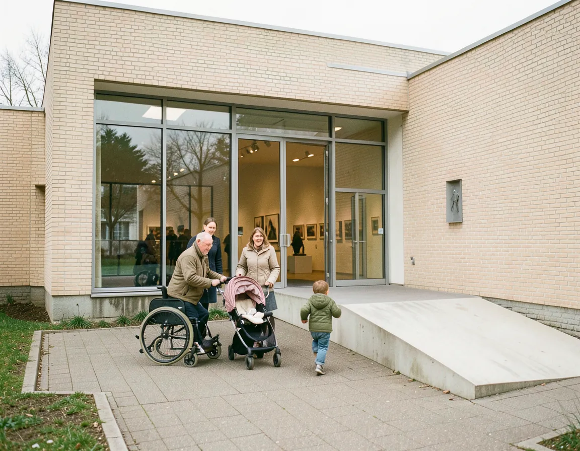 Familie ankommer til et kunstmuseum – far i kørestol, mor med barnevogn