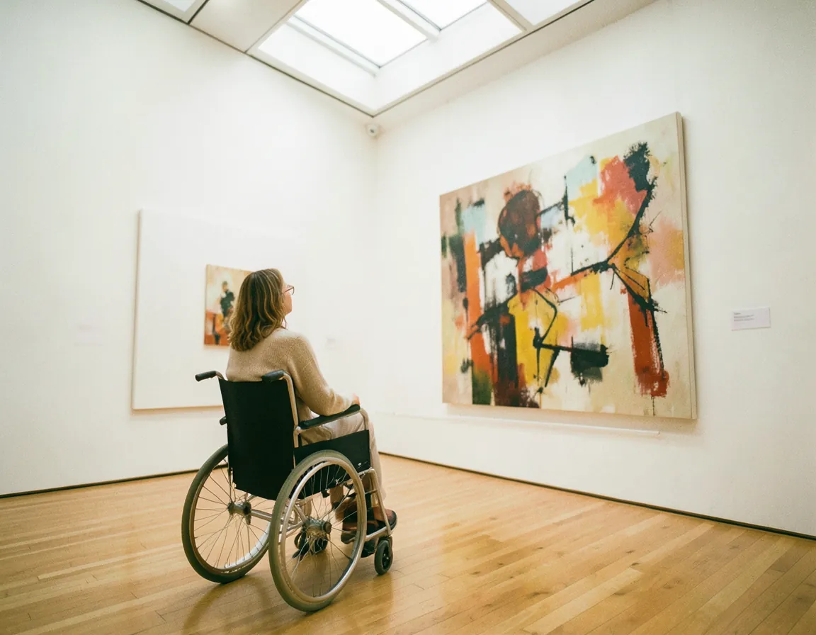 Kvinde i kørestol betragter et maleri på et lyst kunstmuseum