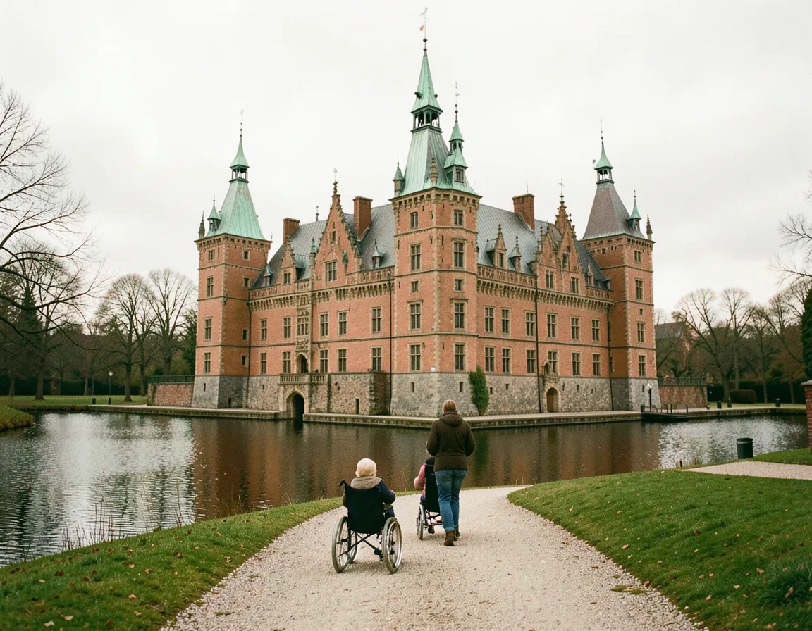 Familie med barn i kørestol på vej mod et renæssanceslot ved en voldgrav